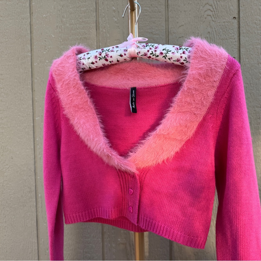 Y2K Pink Fuzzy Trim Cropped Cardigan - Picture 2 of 5